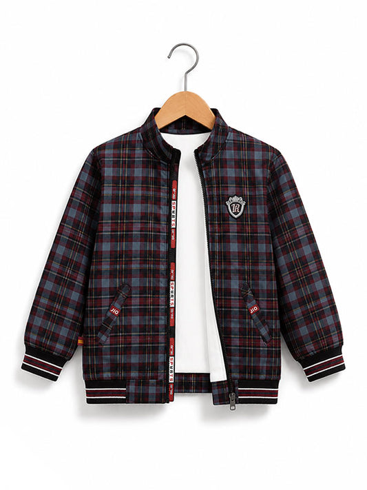 Boys Black & Red Plaid Winter Jacket with Zip Front