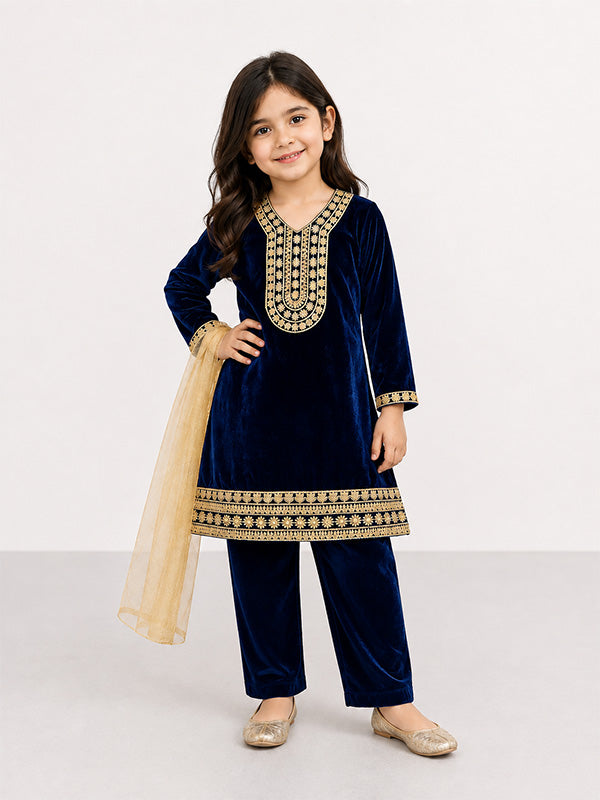 Girls Navy Blue Velvet Embroidered 3 Piece Suit with Dupatta