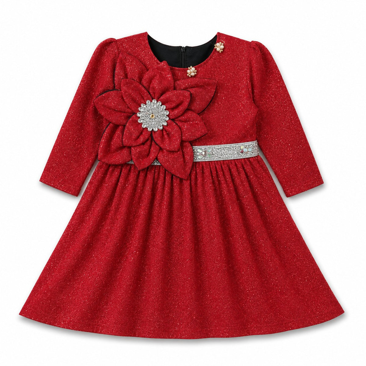 Girls Red Glitter Party Dress with Floral Applique & Embellished Waist Belt