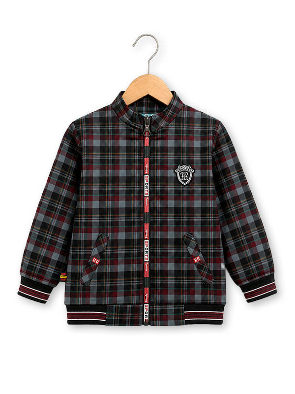 Boys Black & Red Plaid Winter Jacket with Zip Front