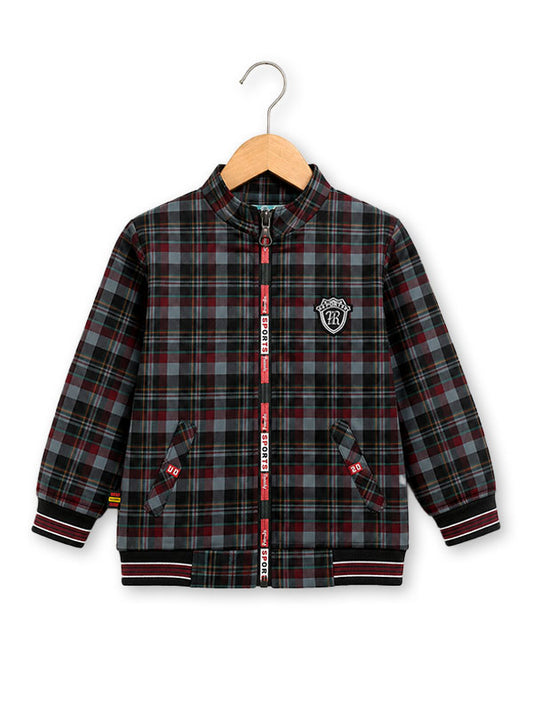 Boys Black & Red Plaid Winter Jacket with Zip Front