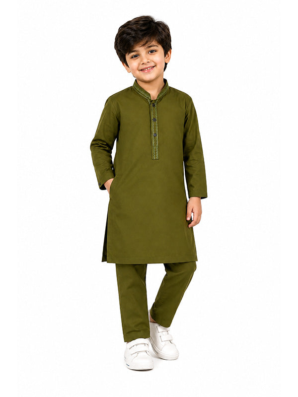 Boys Olive Green Traditional Kurta Shalwar Set