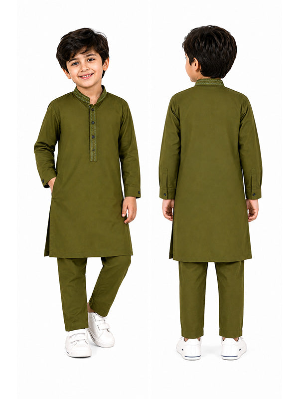 Boys Olive Green Traditional Kurta Shalwar Set