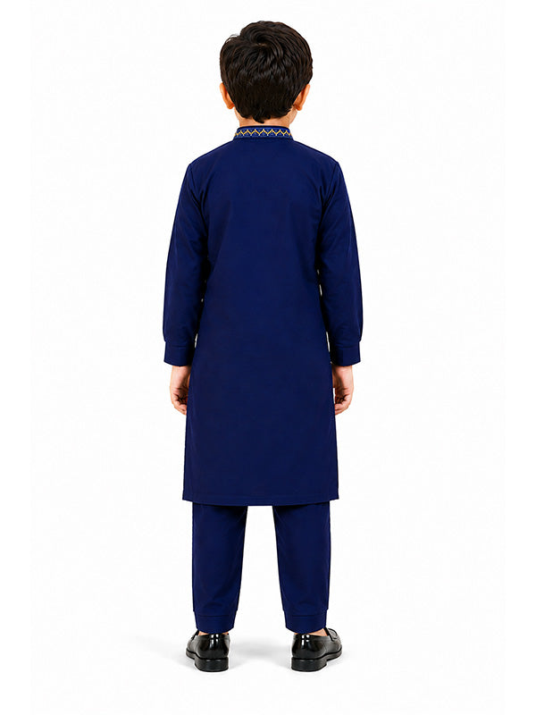 Boys Navy Blue Embroidered Kurta Shalwar Set