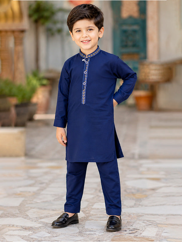 Boys Navy Blue Embroidered Kurta Shalwar Set