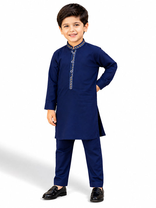 Boys Navy Blue Embroidered Kurta Shalwar Set