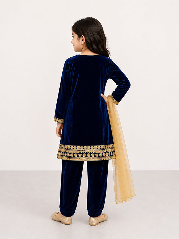 Girls Navy Blue Velvet Embroidered 3 Piece Suit with Dupatta