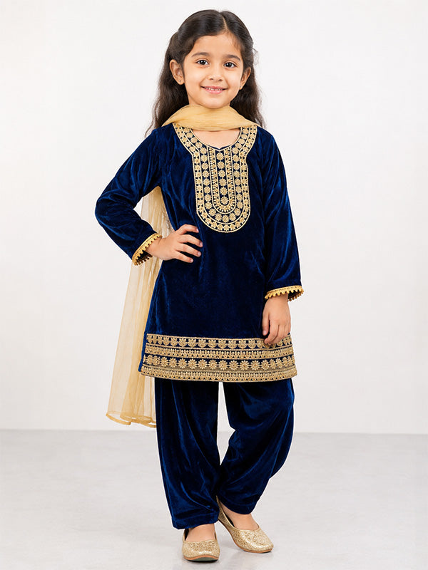 Girls Navy Blue Velvet Embroidered 3 Piece Suit with Dupatta