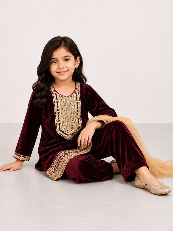 Girls Maroon Velvet Kurta Trouser with Matching Dupatta