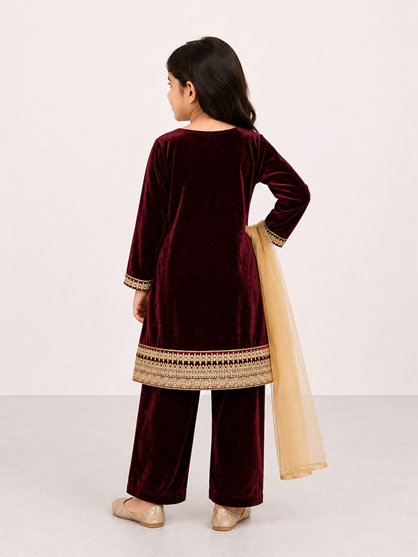 Girls Maroon Velvet Kurta Trouser with Matching Dupatta