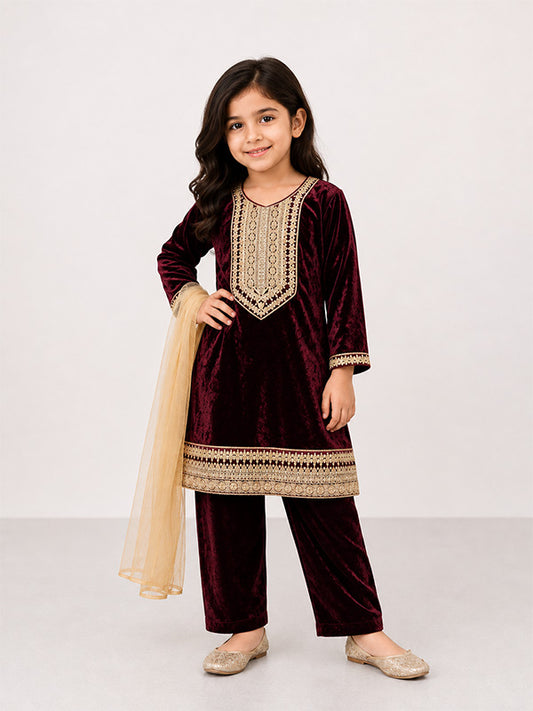 Girls Maroon Velvet Kurta Trouser with Matching Dupatta