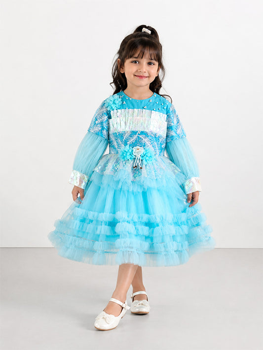 Girls Blue Princess Party Wear Frock Dress with Floral Lace & Layered Tulle Skirt