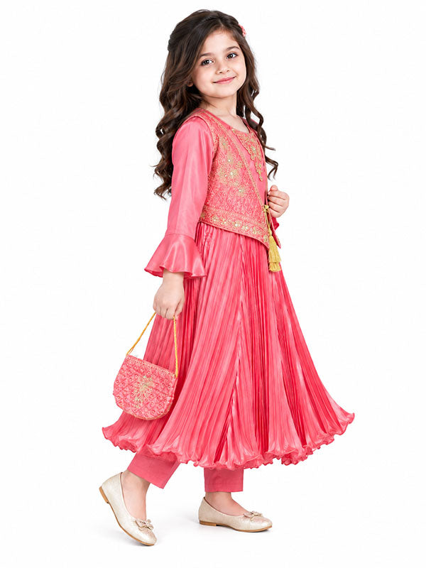 Girls Pink Embroidered Pleated Frock Dress Set with Matching Vest, Trousers & Handbag