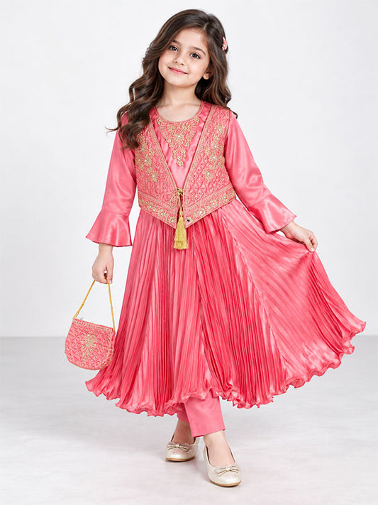 Girls Pink Embroidered Pleated Frock Dress Set with Matching Vest, Trousers & Handbag