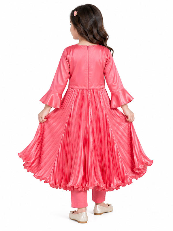 Girls Pink Embroidered Pleated Frock Dress Set with Matching Vest, Trousers & Handbag