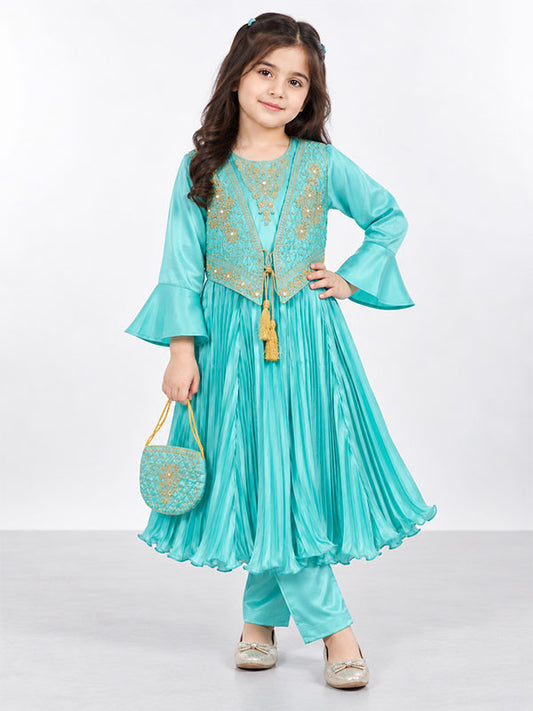 Girls Aqua Blue Embroidered Frock with Matching Handbag