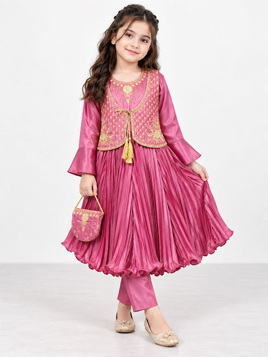 Girls Pink Embroidered Pleated Frock Dress with Matching Handbag