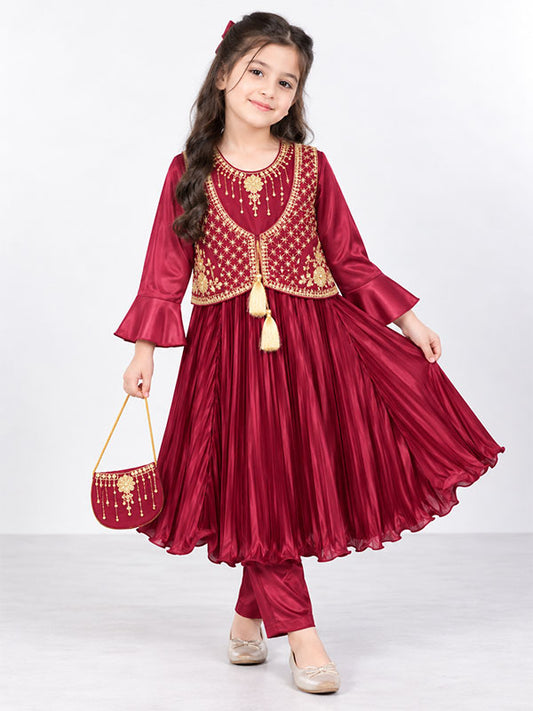 Girls Maroon Embroidered Pleated Frock Dress with Matching Handbag