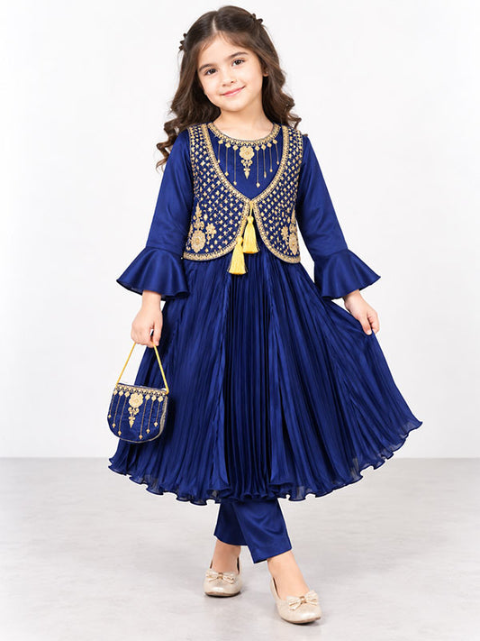 Girls Navy Blue Embroidered Pleated Frock Dress with Matching Handbag