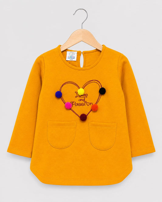 Girls Mustard Yellow Love & Passion Full Sleeve Top with Pom Pom Heart Design