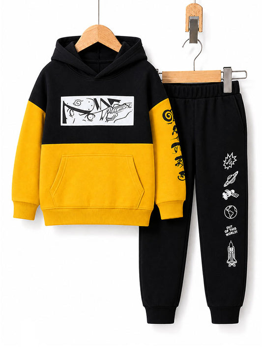 Boys black and yellow kids winter tracksuit front view