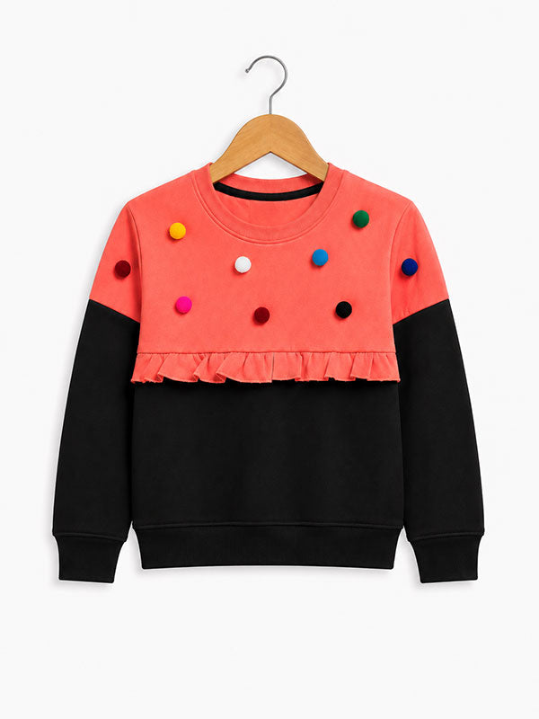 Girls Coral Black Pom Pom Kids Winter Top