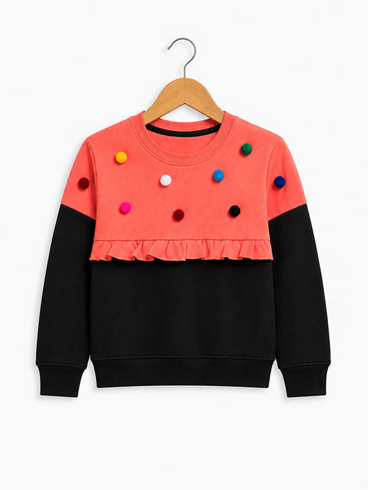 Girls Coral Black Pom Pom Kids Winter Top