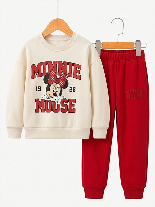 Girls Minnie Mouse Cream Red Kids Winter Tracksuit Set